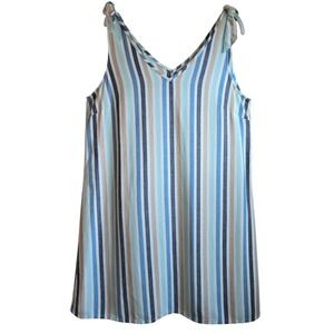 ANA Summer Essentials Womens L Blue Striped Tie Shoulder Linen Blend Shift Dress